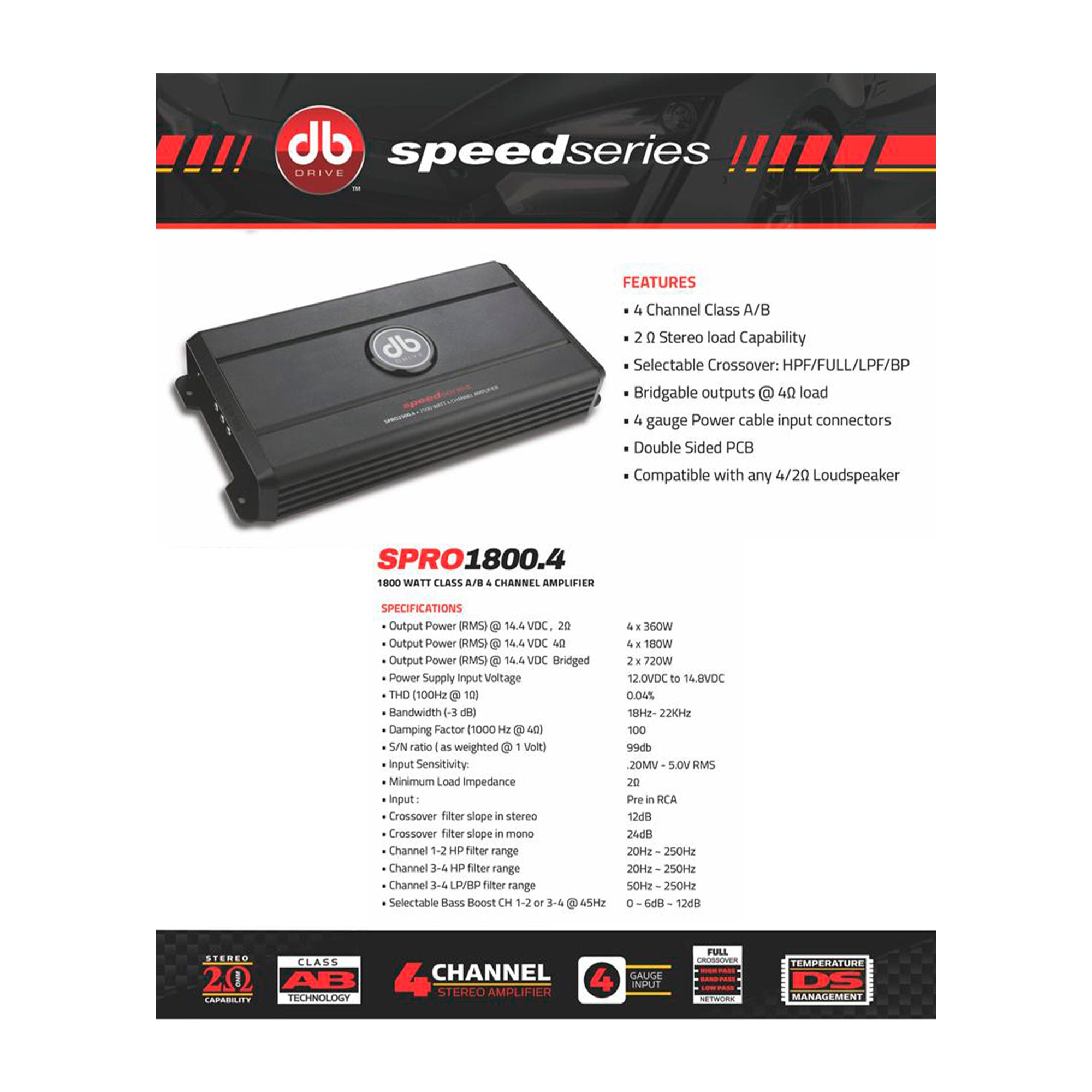 Amplificador 4 Canales DB Drive SPRO1800.4 1800 Watts Clase AB 2 Ohms Speed Series