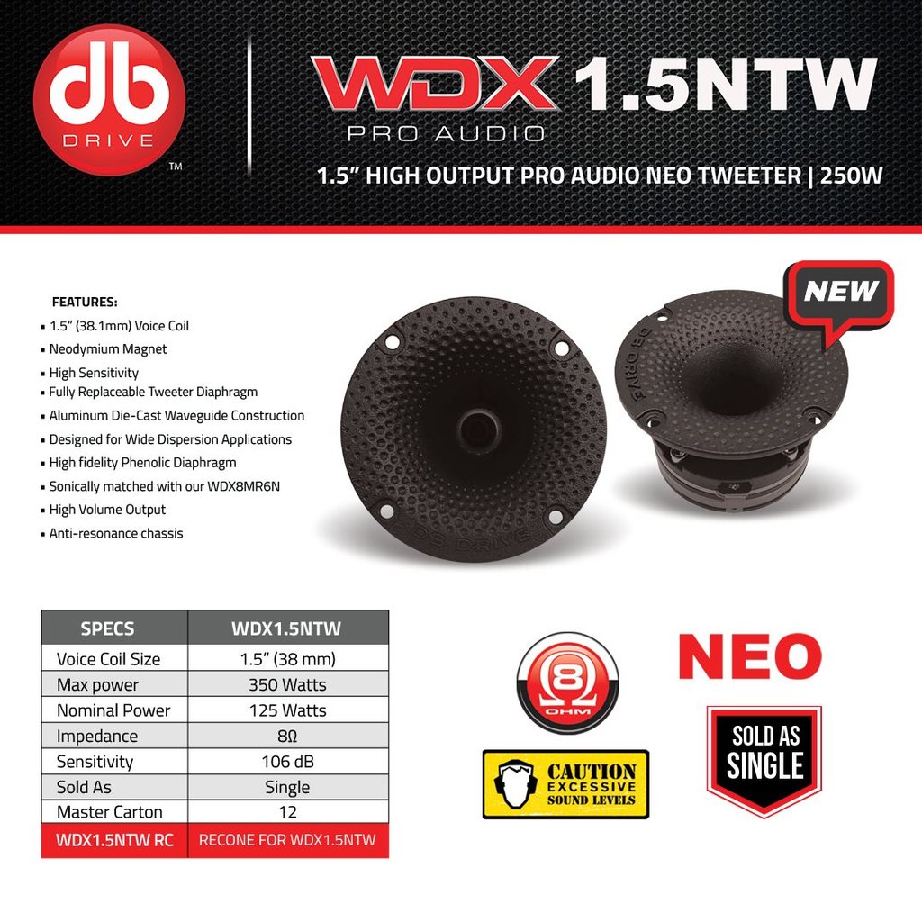 Tweeter Profesional de Alto Rendimiento DB Drive WDX1.5NTW 350 Watts 1.5 Pulgadas 8 Ohms WDX PRO Audio Series (Venta individual)