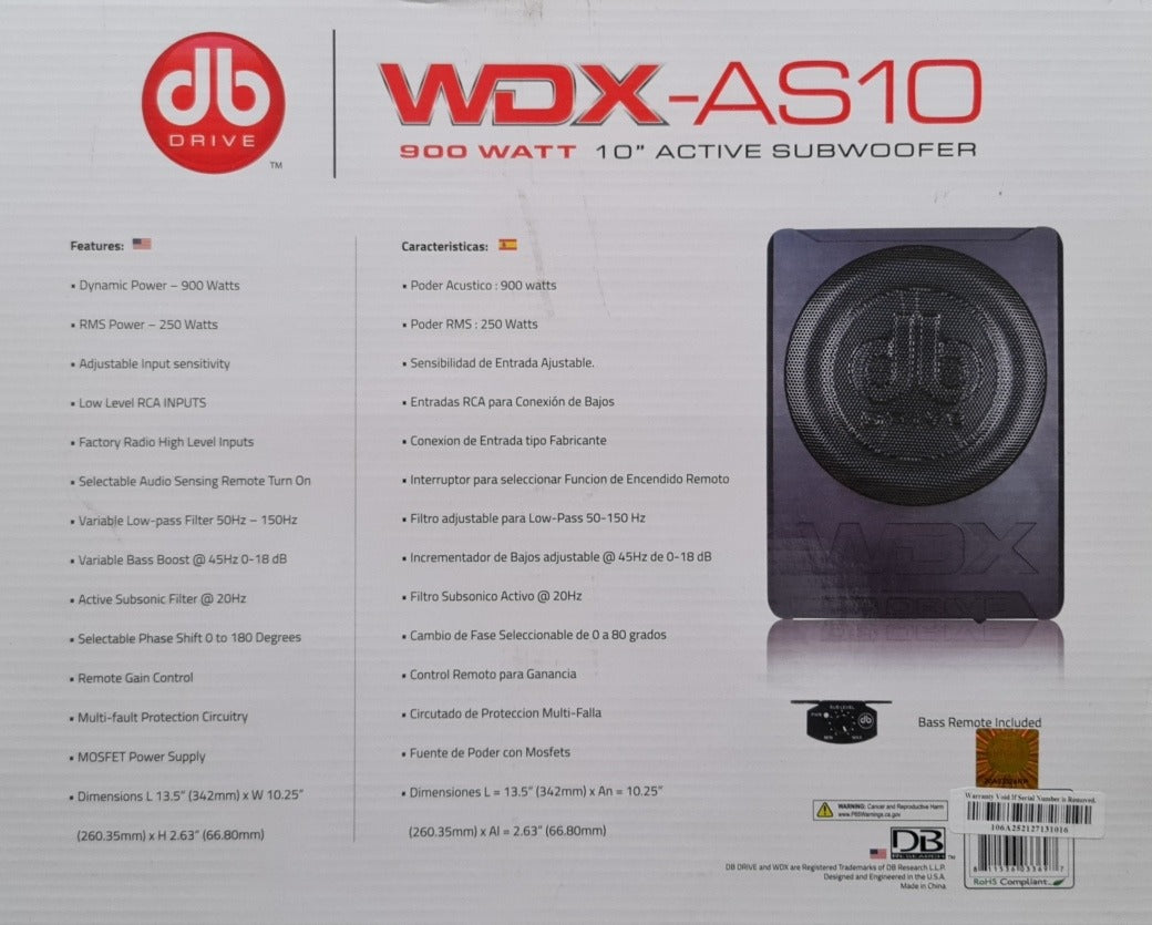 Subwoofer Amplificado DB Drive WDX-AS10 900 Watts 10 Pulgadas con Controlador de bajos remoto WDX Series
