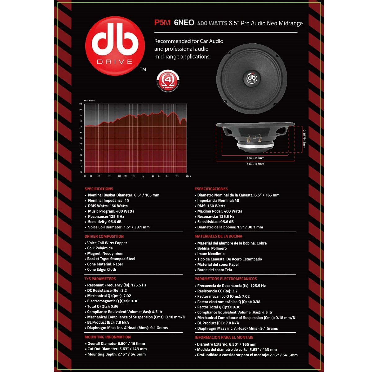 Medio Rango PRO Audio DB Drive P5M 6NEO 400 Watts 6.5 Pulgadas 4 Ohms (Venta individual)