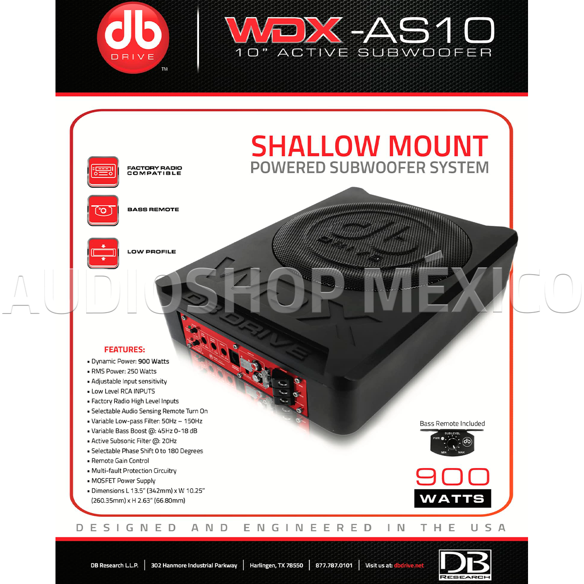 Subwoofer Amplificado DB Drive WDX-AS10 900 Watts 10 Pulgadas con Controlador de bajos remoto WDX Series