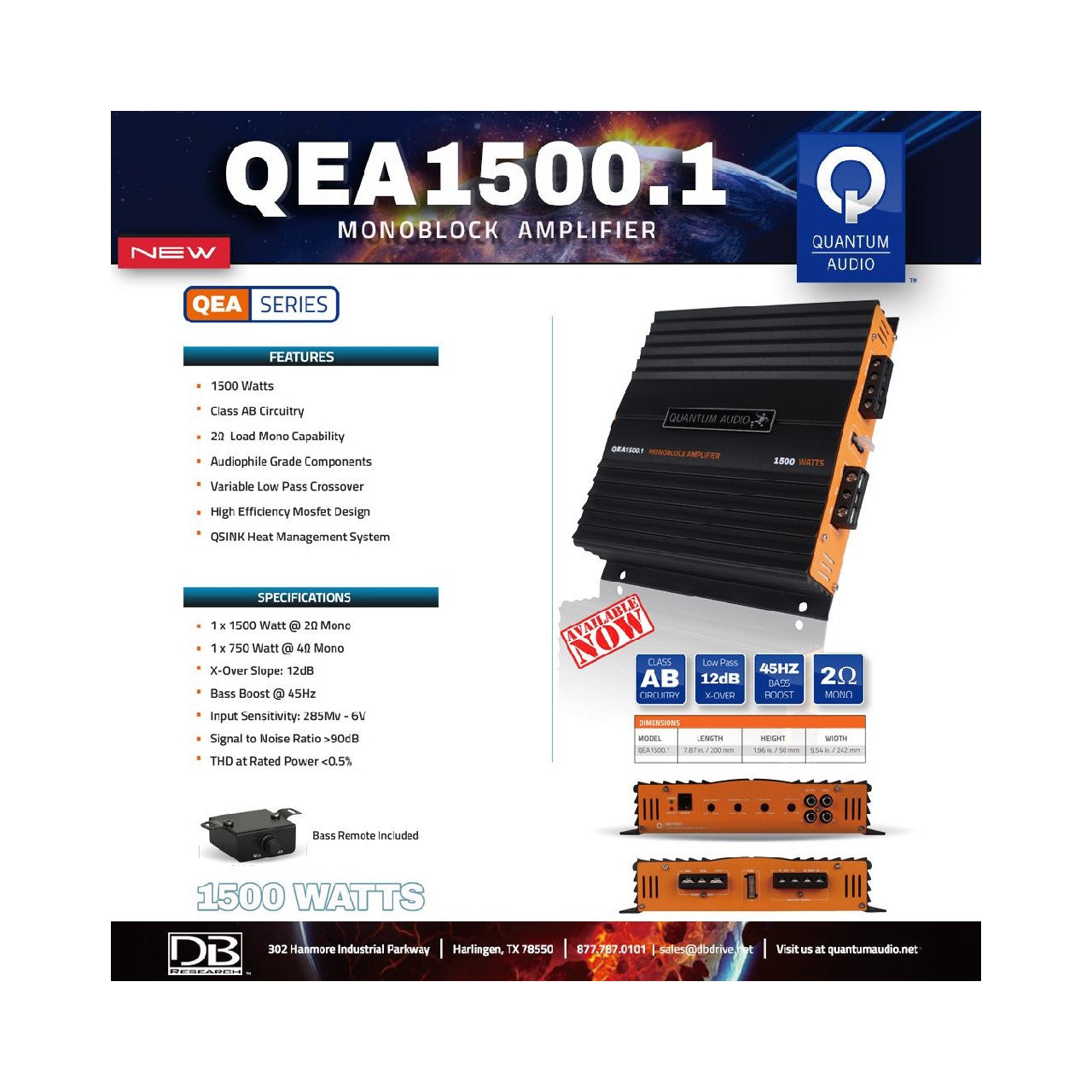 Amplificador Monoblock Quantum Audio QEA1500.1 1500 Watts Clase A/B 2 Ohms con Controlador de bajos